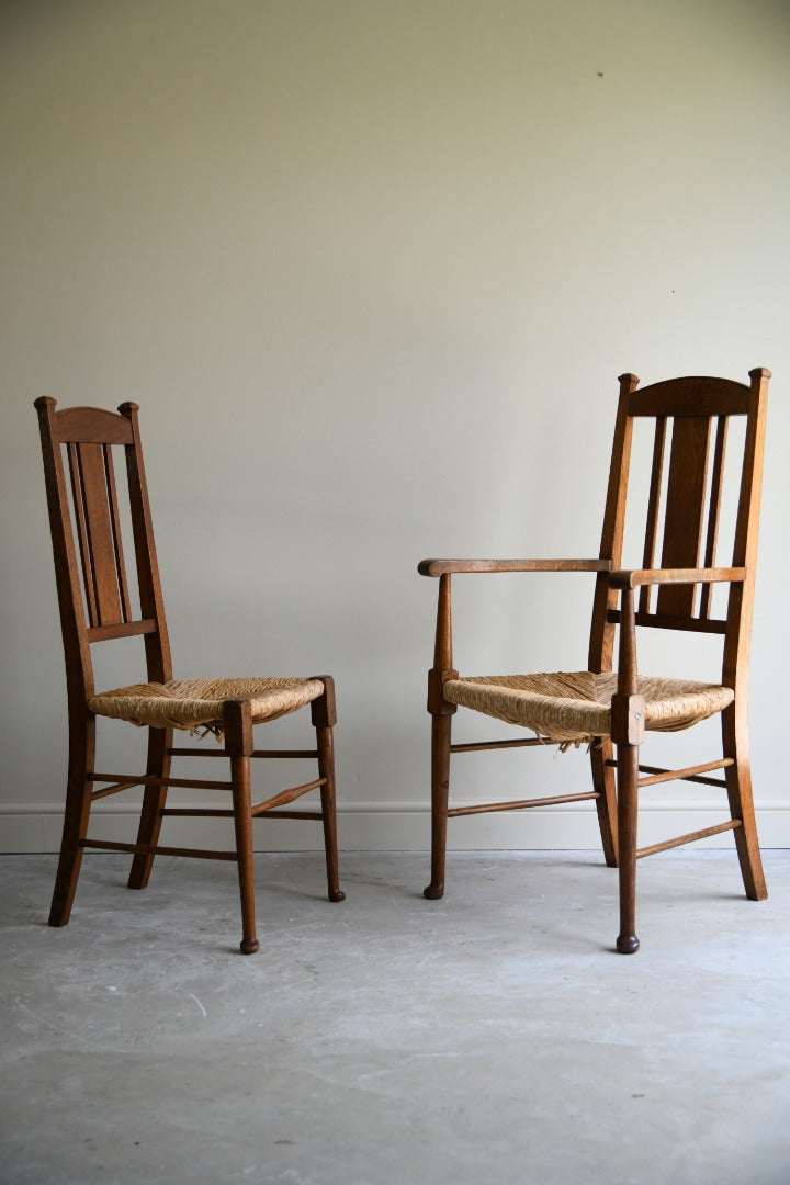 Set 4 Arts & Crafts Oak & Rush Dining Chairs