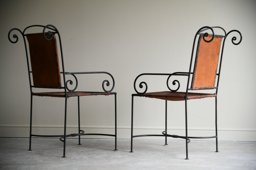 Pair Spanish Iron & Leather Chairs