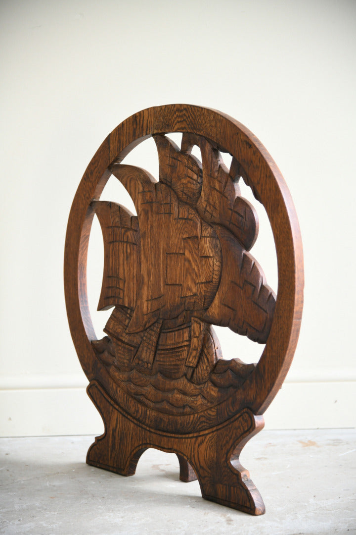 Arts & Crafts Carved Oak Sailing Ship Firescreen