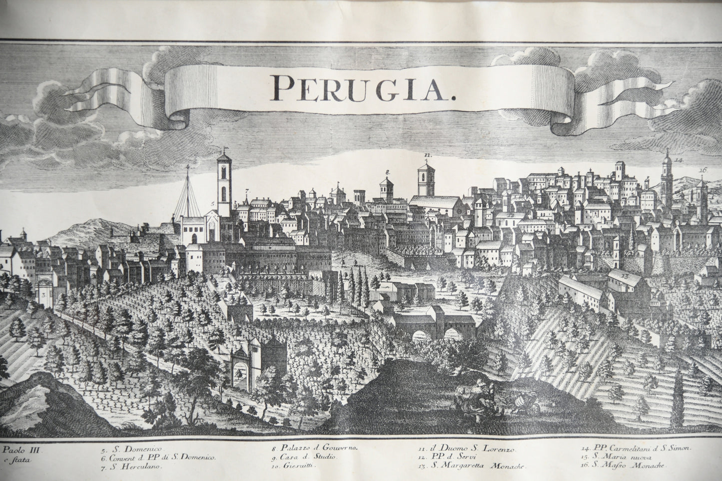 Antique Engraved Panoramic View of Perugia, Italy
