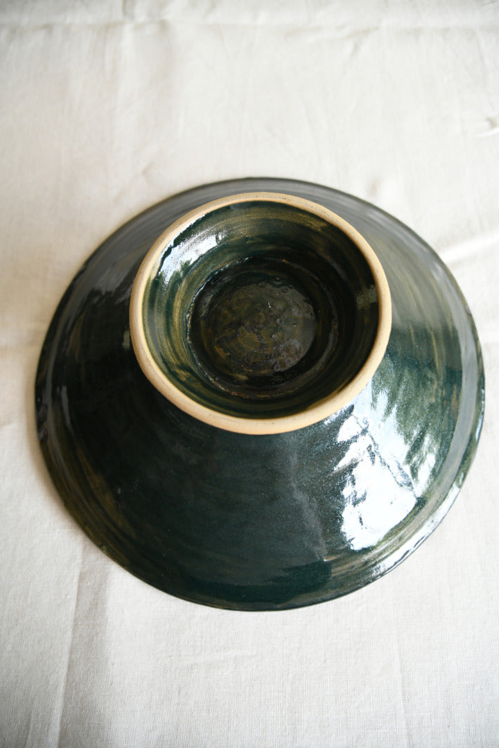 Green Ribbed Glaze Studio Pottery Footed Bowl