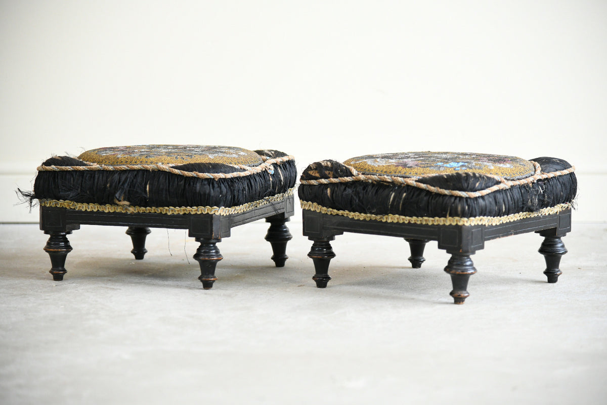 Pair of Victorian Beadwork & Silk Footstools