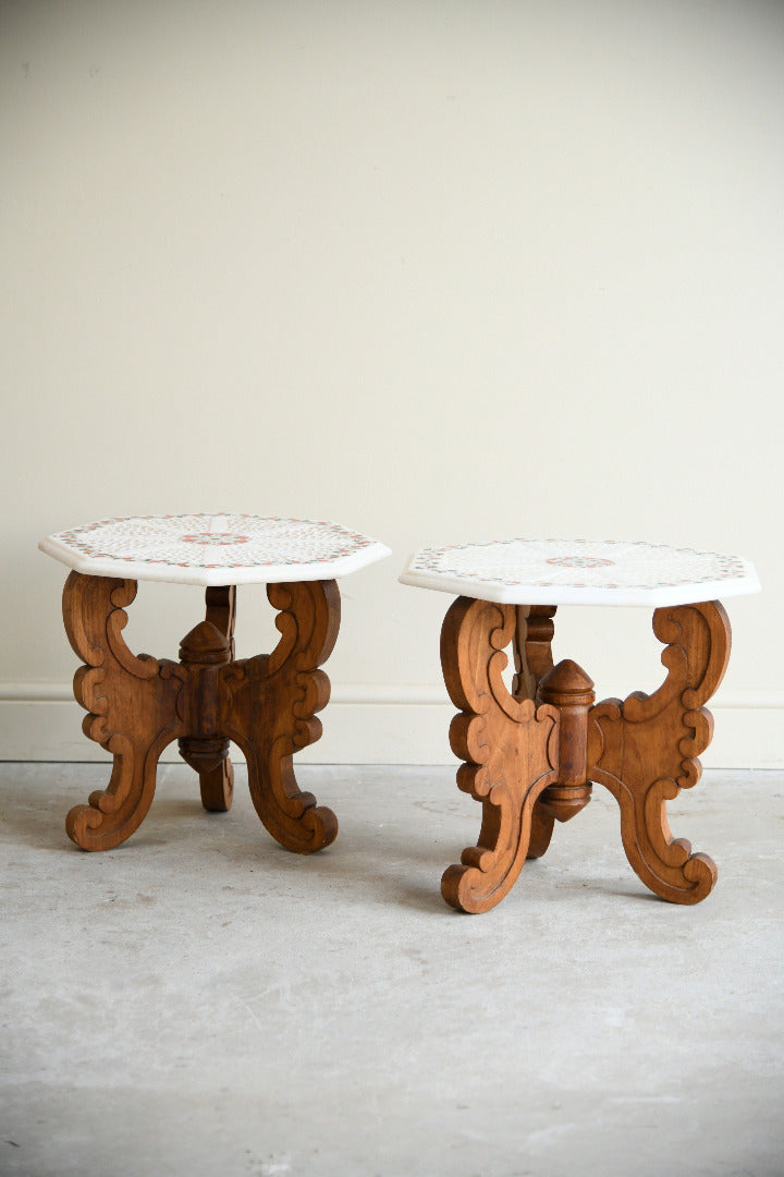 Pair of Indian Carved Hardwood & Pietra Dura Marble Jali Side Tables