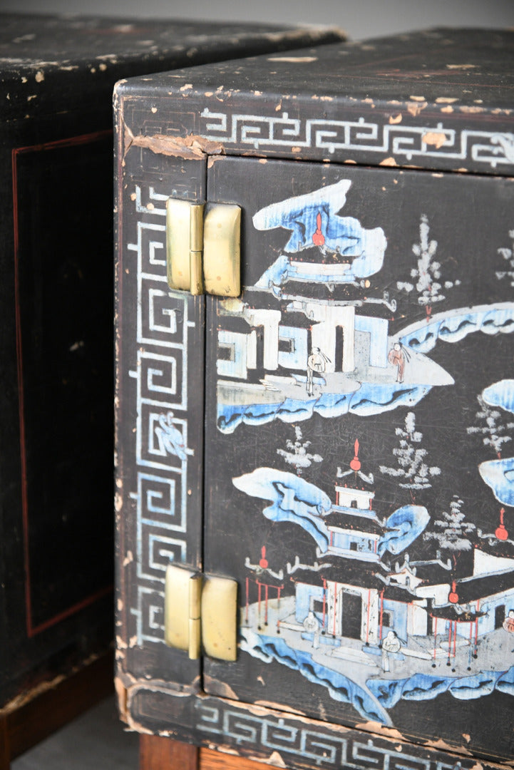 Pair Small Black Chinese Painted Cabinets Cupboards Bedside Occasional Tables