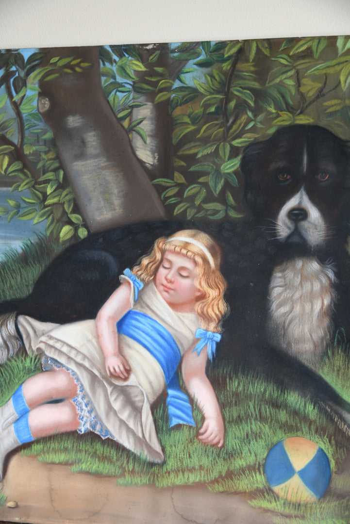 Vintage Continental Girl with Dog Pastel Drawing Painting