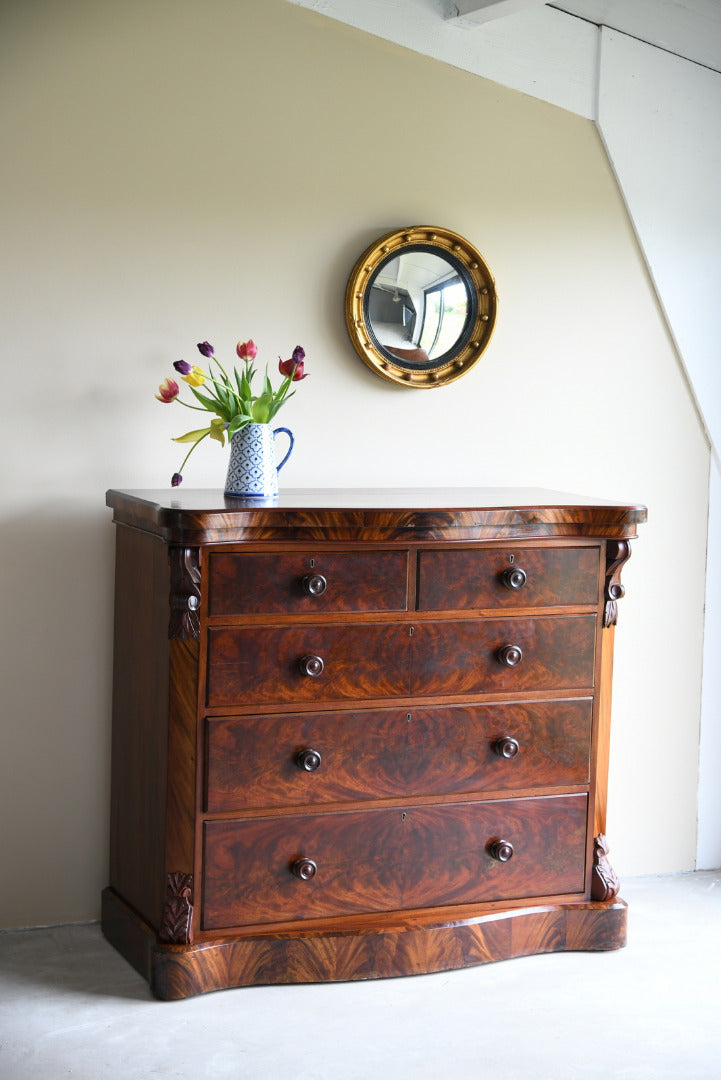 Antique Victorian Flame Mahogany Serpentine Chest of Drawers