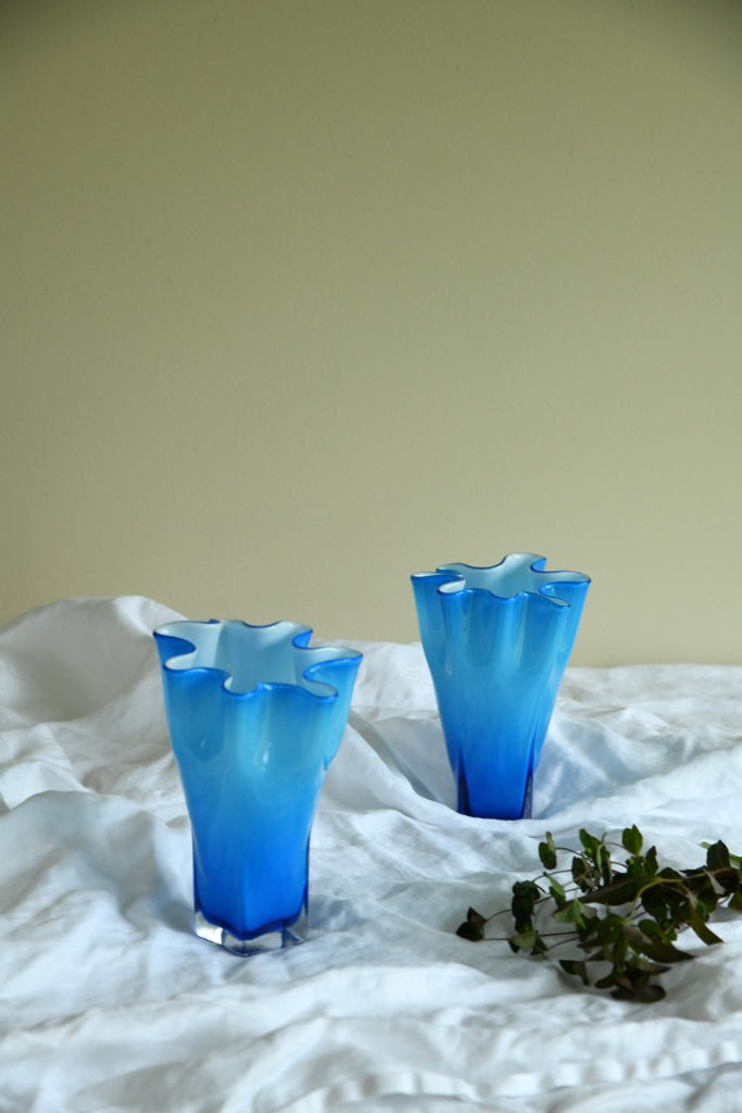 Pair Blue Frilly Glass Vase