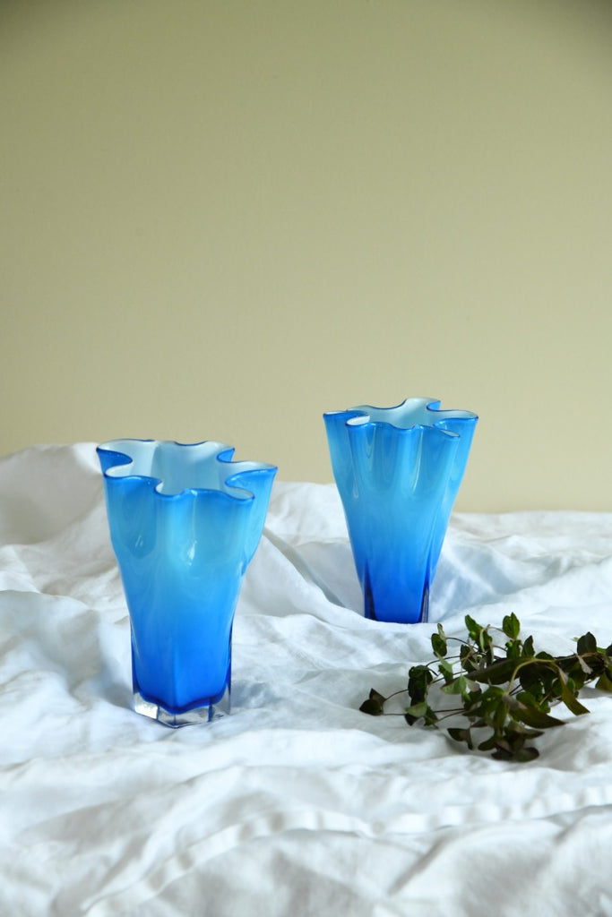 Pair Blue Frilly Glass Vase