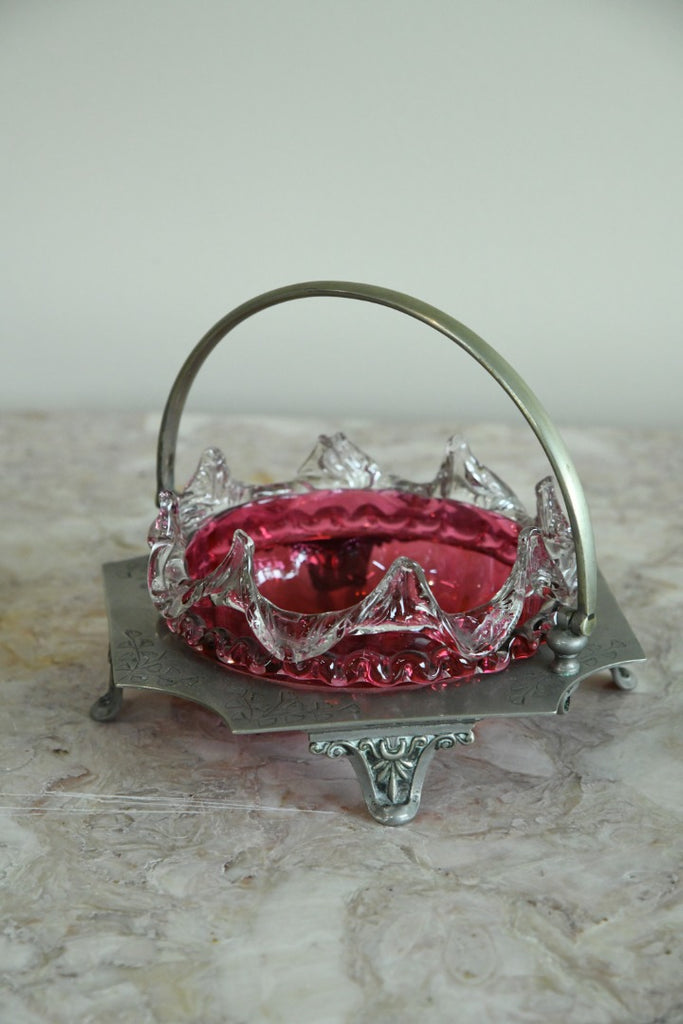 Cranberry Glass Preserve Dish & EPNS Basket
