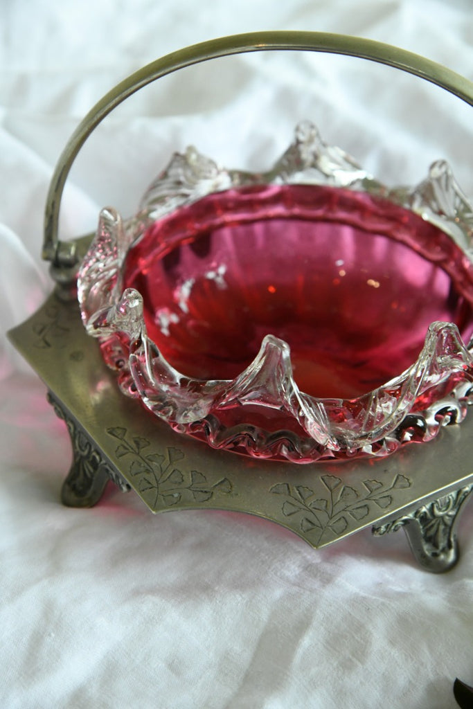 Cranberry Glass Preserve Dish & EPNS Basket