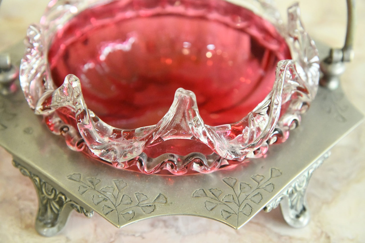 Cranberry Glass Preserve Dish & EPNS Basket