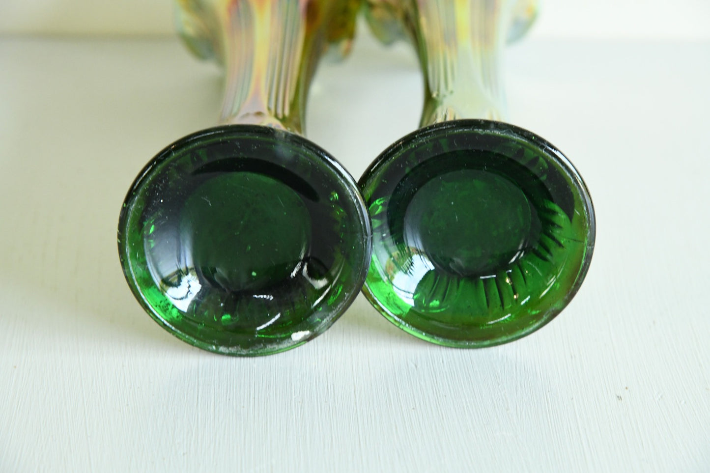 Pair Green Carnival Glass Vase
