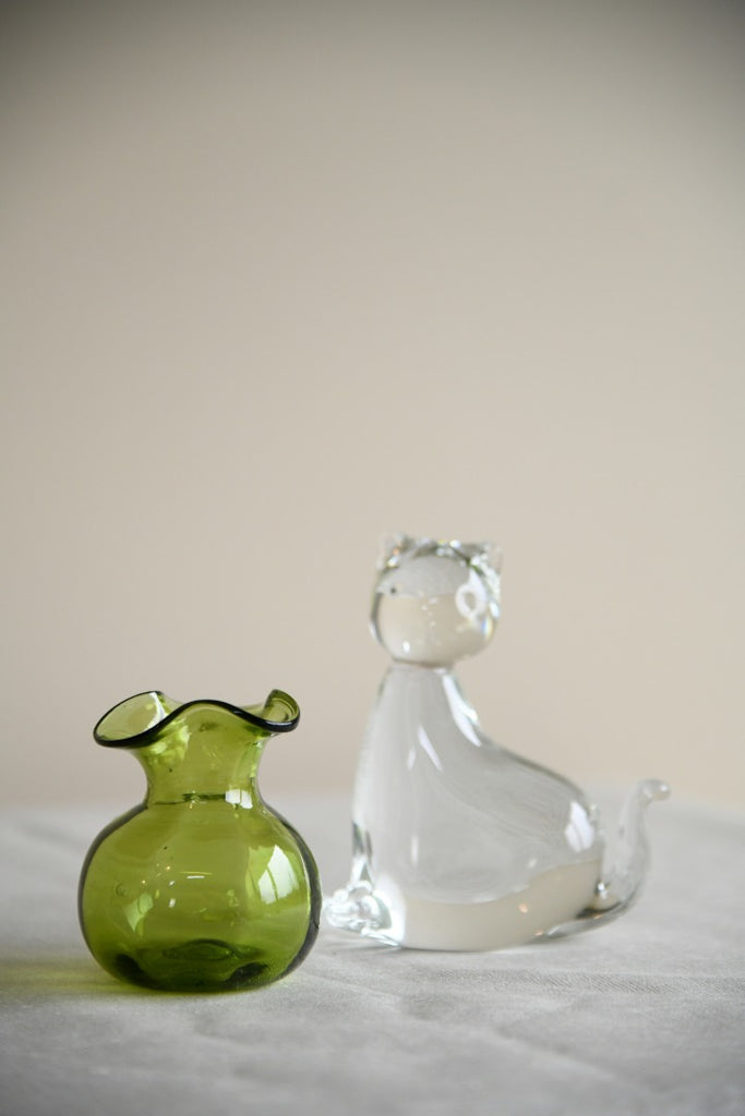 Glass Cat Paperweight & Green Vase
