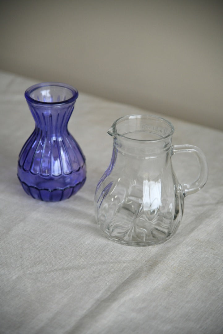 Purple Glass Hyacinth Vase and Clear Jug