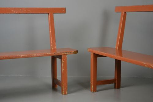 Pair Rustic Vintage Painted Pine Kitchen Hall Benches - Kernow Furniture
