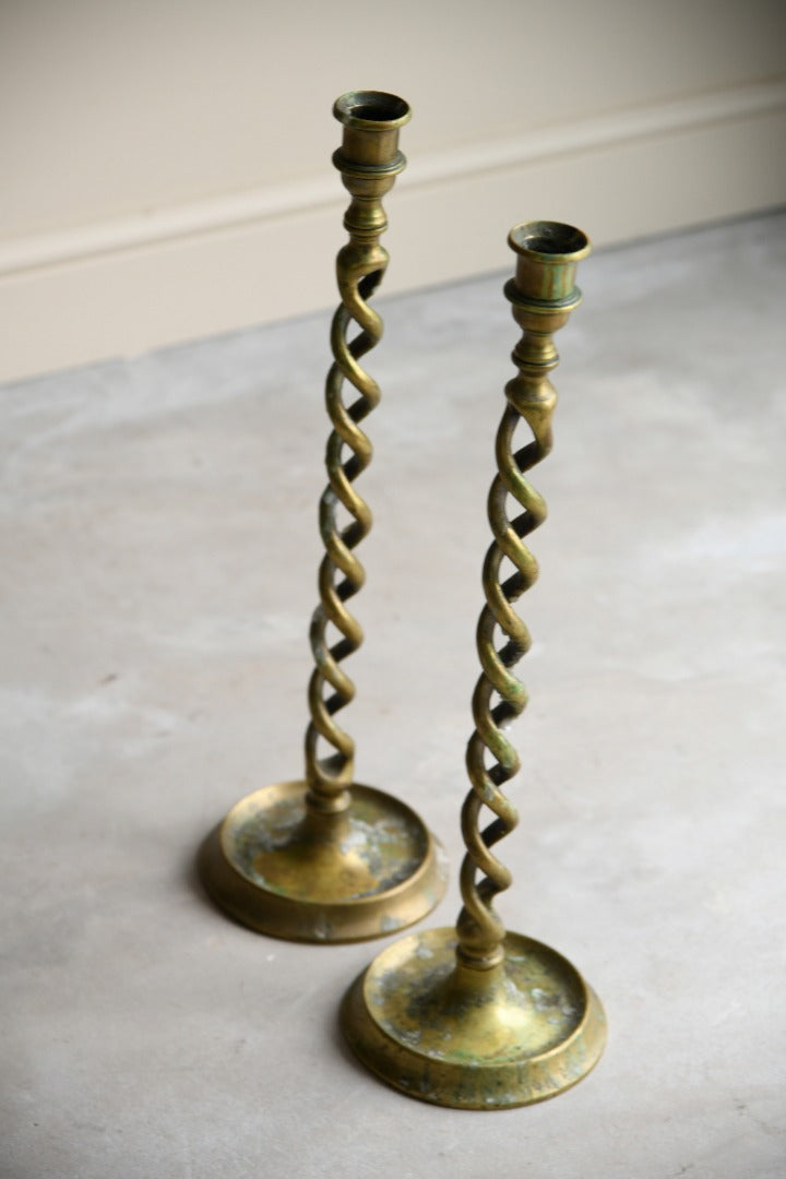 Pair Large Brass Open Barley Twist Candle Sticks