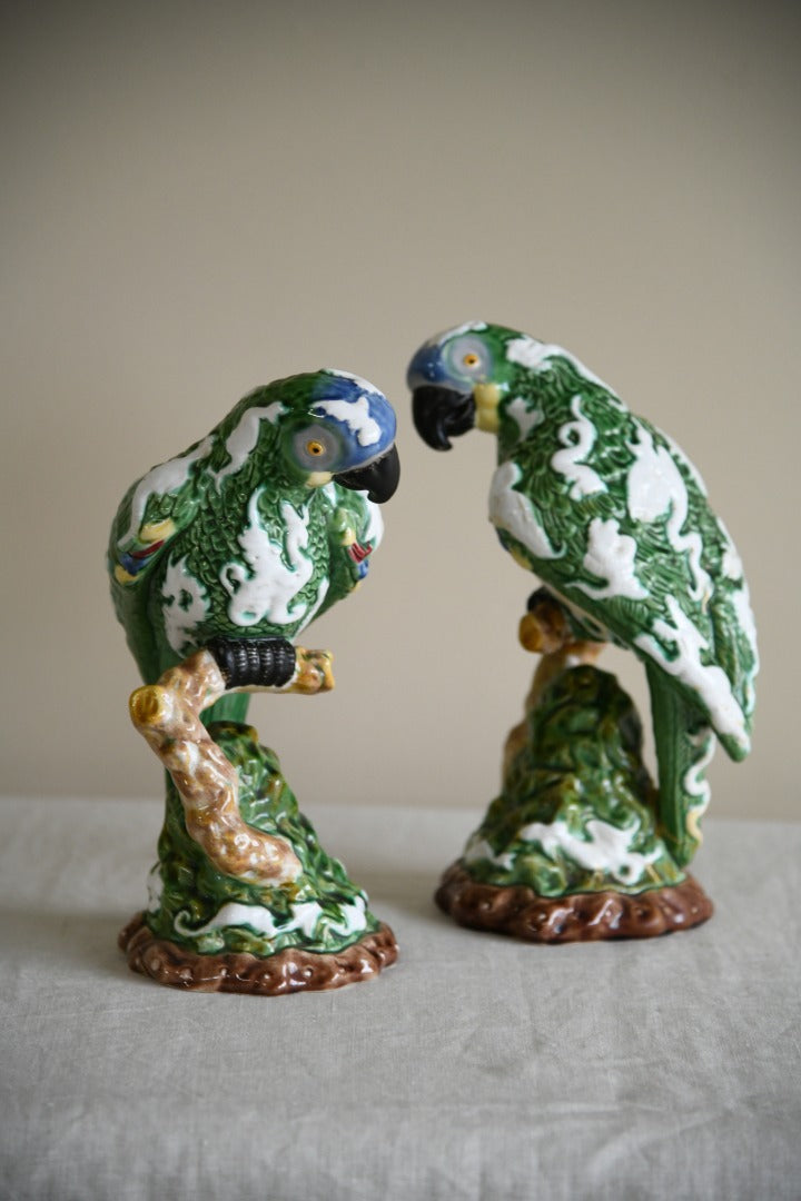 Pair Majolica Parrots