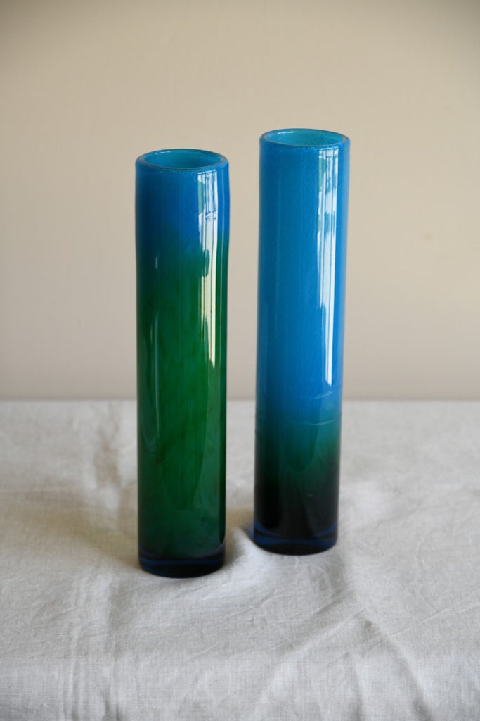 Pair Blue & Green Glass Vase John Orwar Lake Ekenas Sweden
