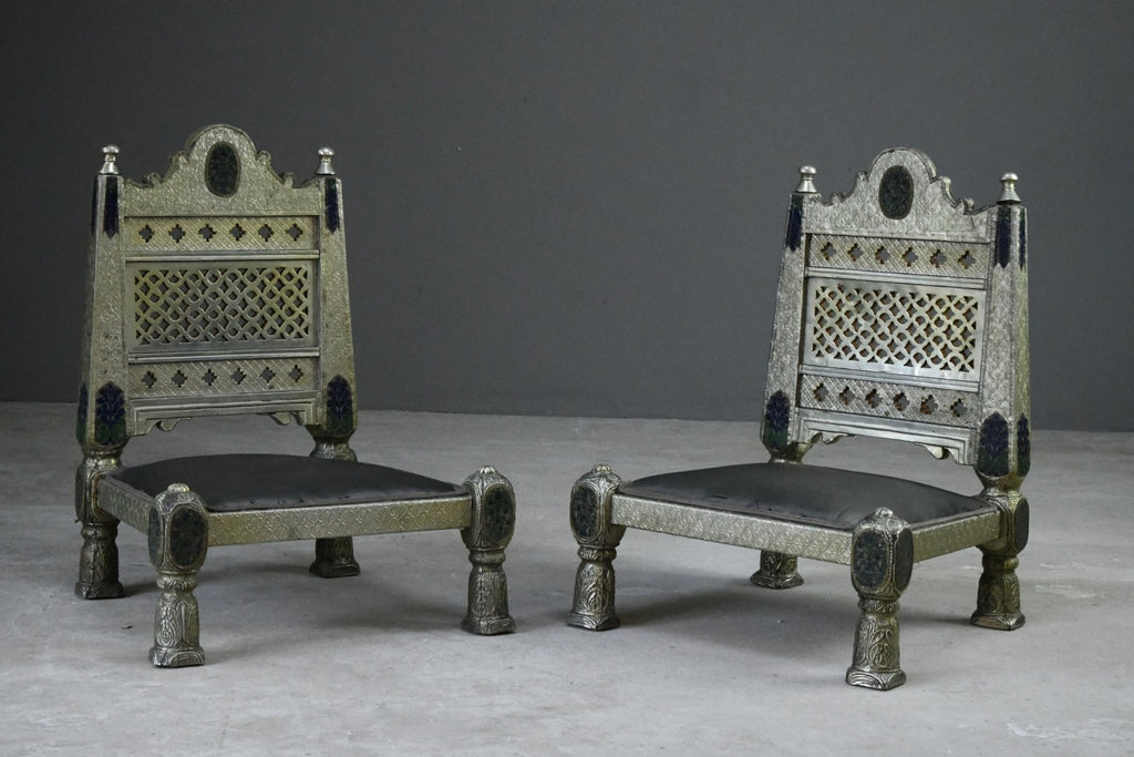 Pair Vintage Eastern Metal Clad Pidha Chairs