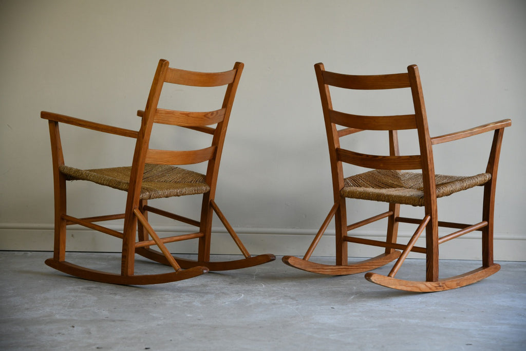 Pair Mid Century Pine Rocking Chairs