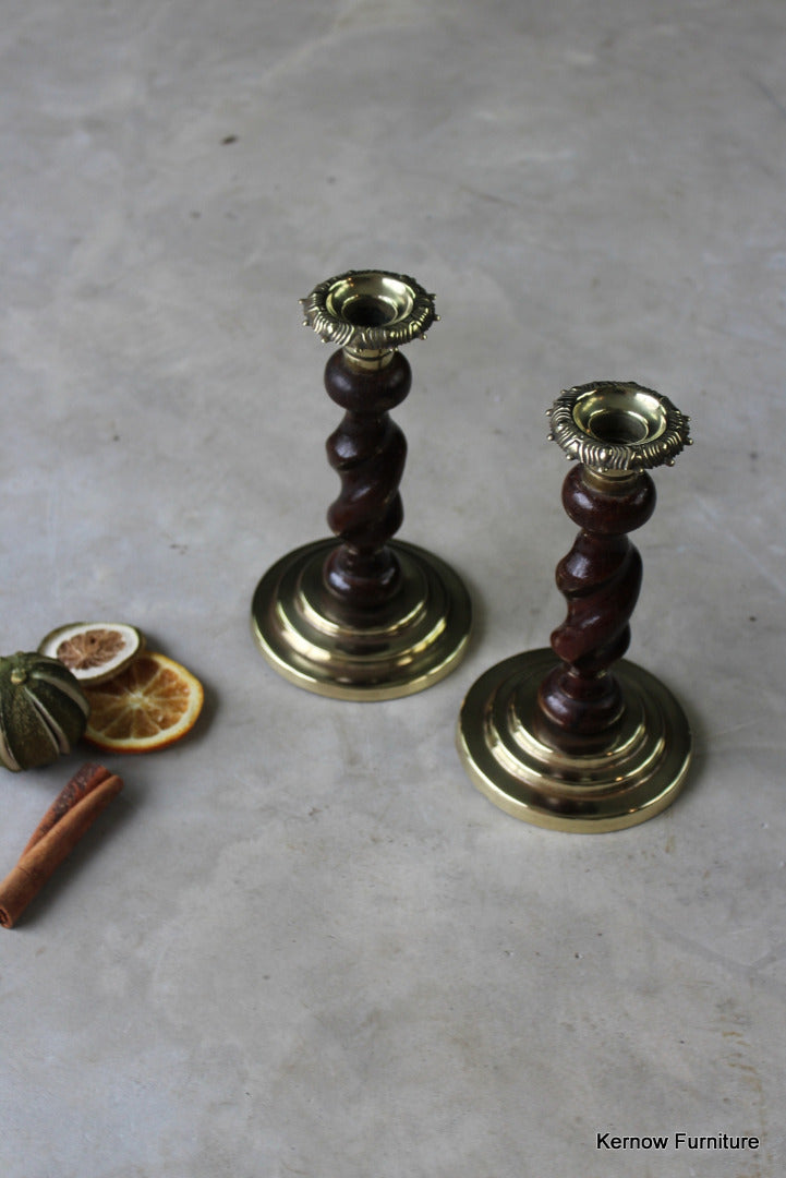 Pair Oak & Brass Barley Twist Candlesticks - Kernow Furniture