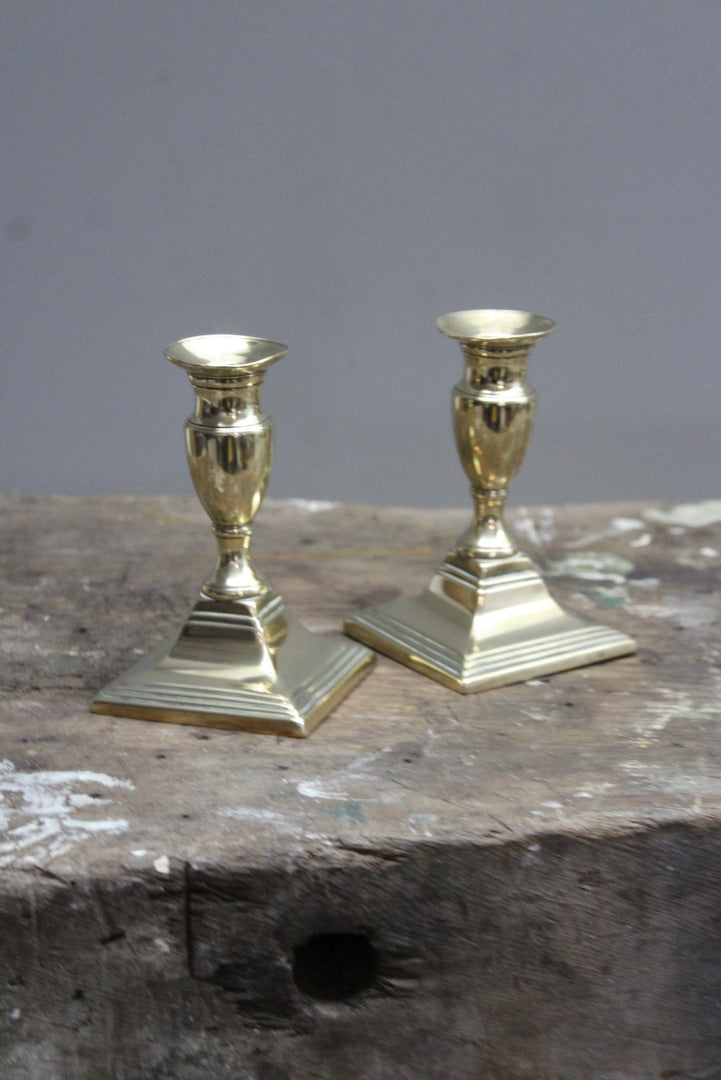 19th Century Short Brass Candlesticks - Kernow Furniture