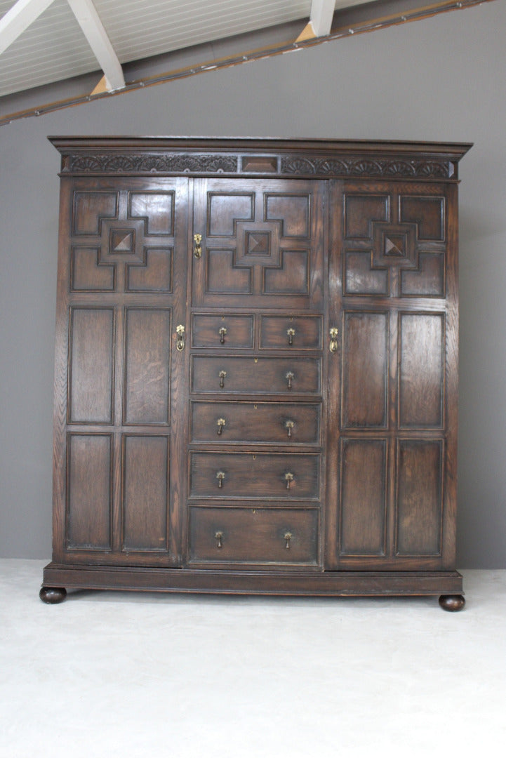 Large 1920s Dark Oak Triple Wardrobe - Kernow Furniture