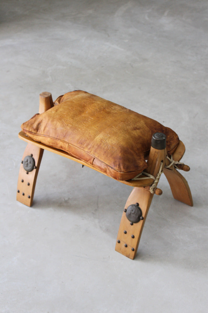 Vintage Leather Camel Stool - Kernow Furniture