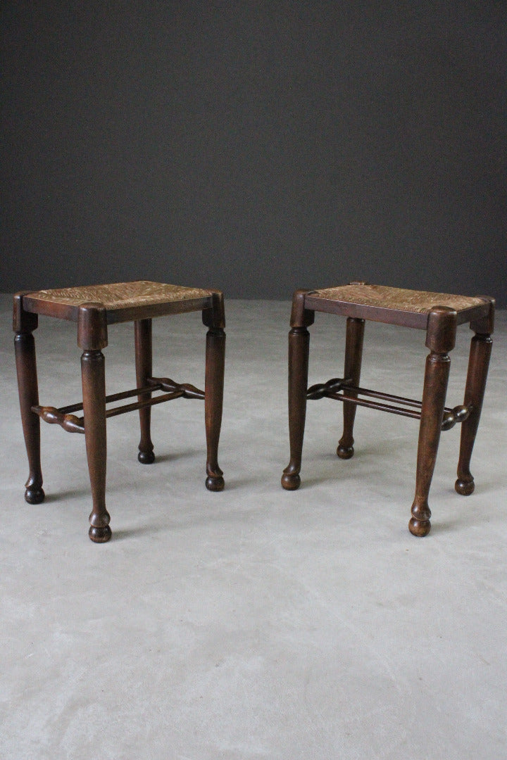 Pair Country Style Rush Seat Stools - Kernow Furniture