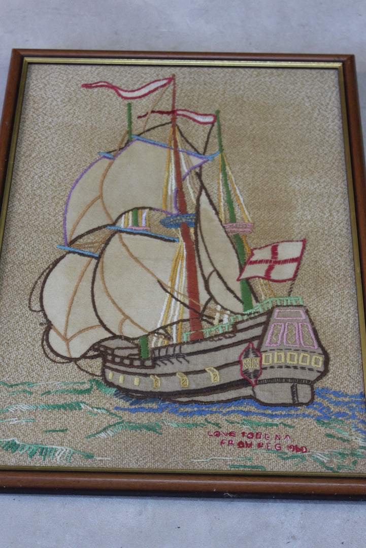 Vintage Framed Nautical Embroidery - Kernow Furniture