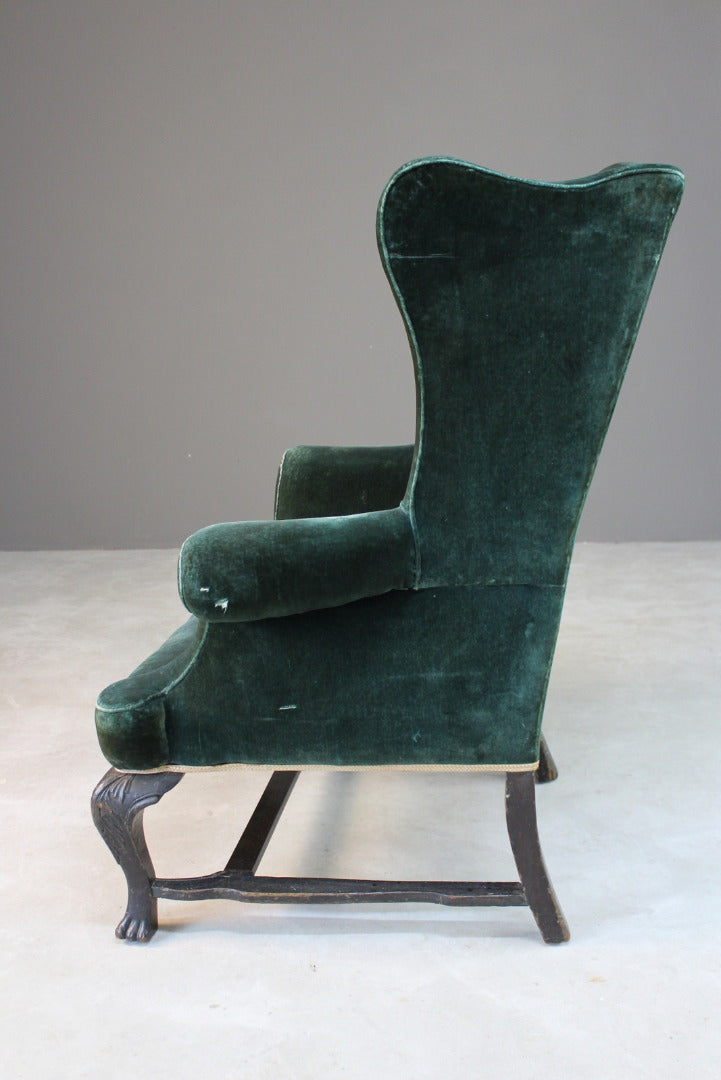 Antique Upholstered Green Velvet Wing Armchair - Kernow Furniture