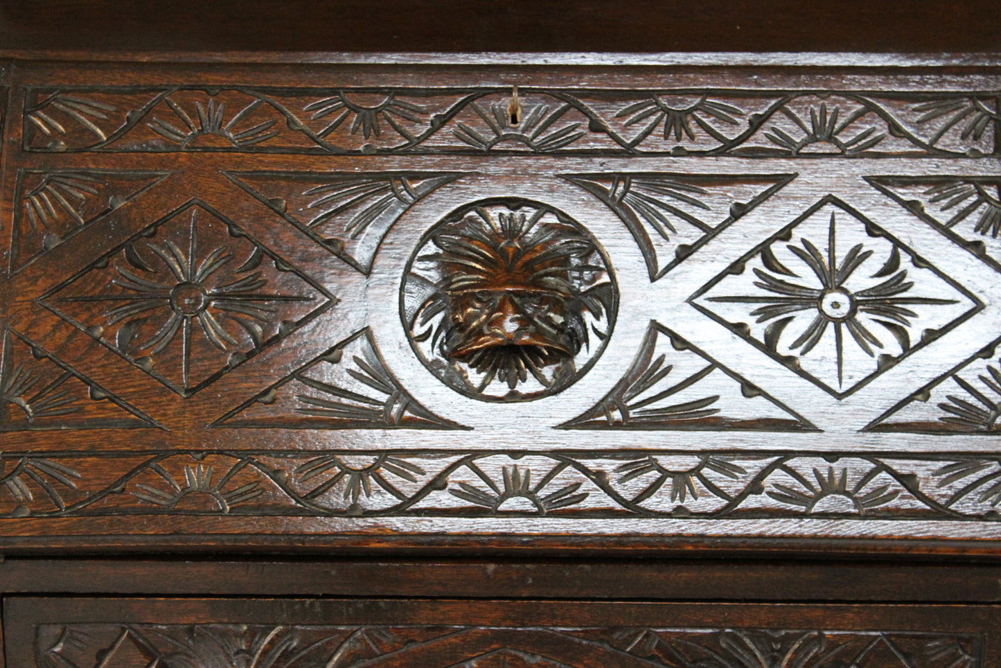 Carved Oak Greenman Bureau - Kernow Furniture