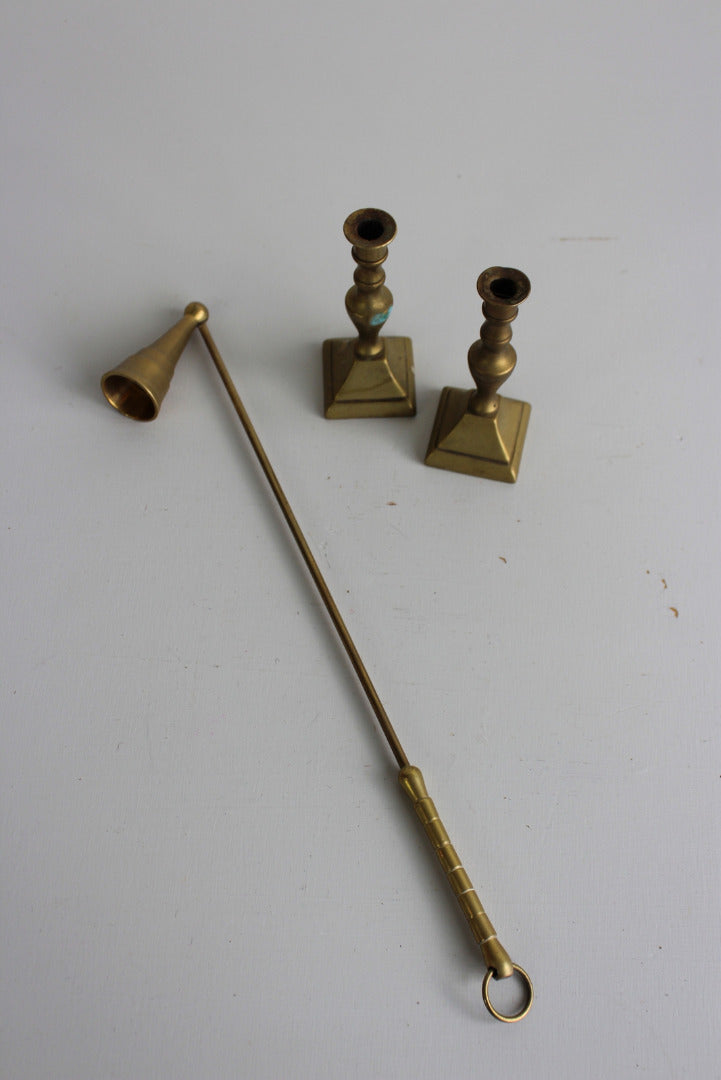 Pair Small Brass Candlesticks & Snuffer - Kernow Furniture