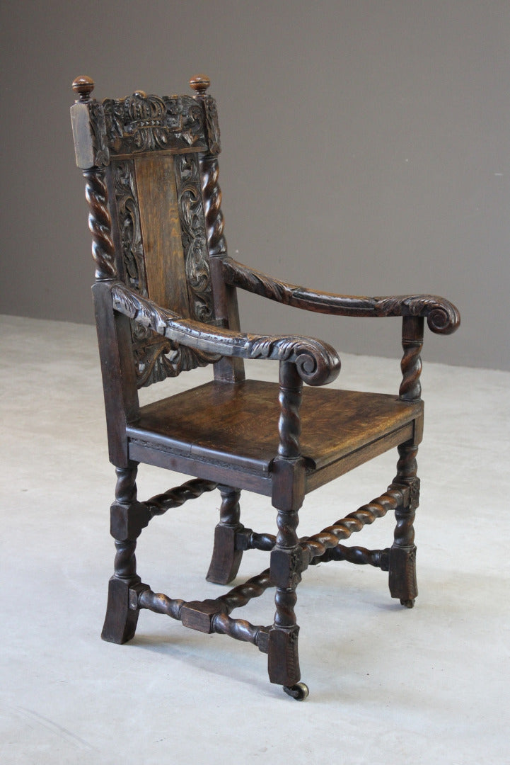 Victorian Carved Oak Open Arm Chair - Kernow Furniture