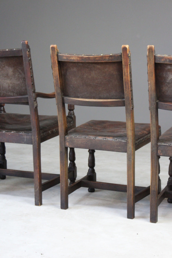 4 Oak & Brown Leather Dining Chairs & Single Carver - Kernow Furniture