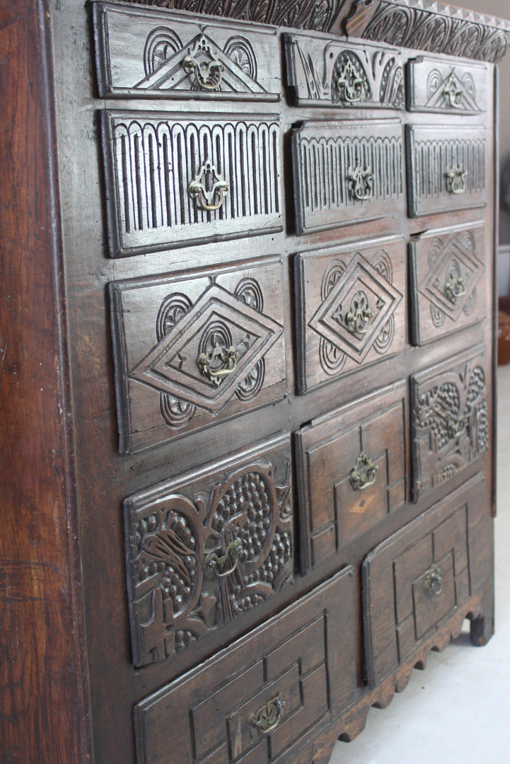 Antique Carved Oak Bank of Drawers - Kernow Furniture