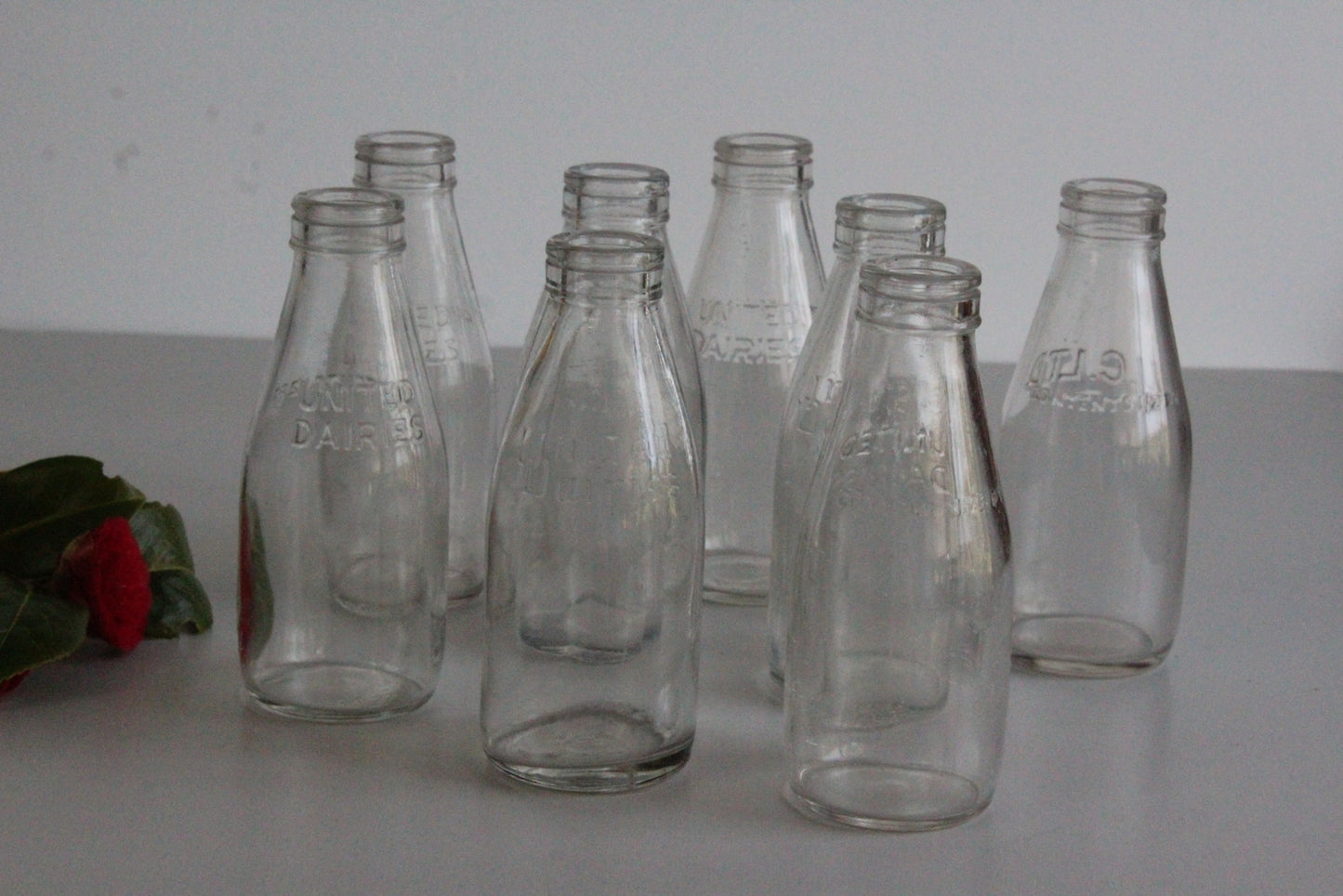 8 Vintage 1/2 Pint Glass Milk Bottles - Kernow Furniture