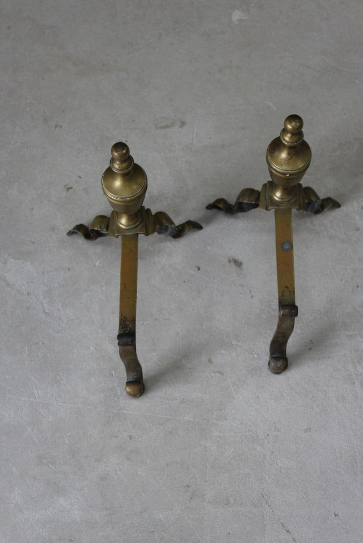 Pair Antique Ornate Brass Fire Dogs - Kernow Furniture