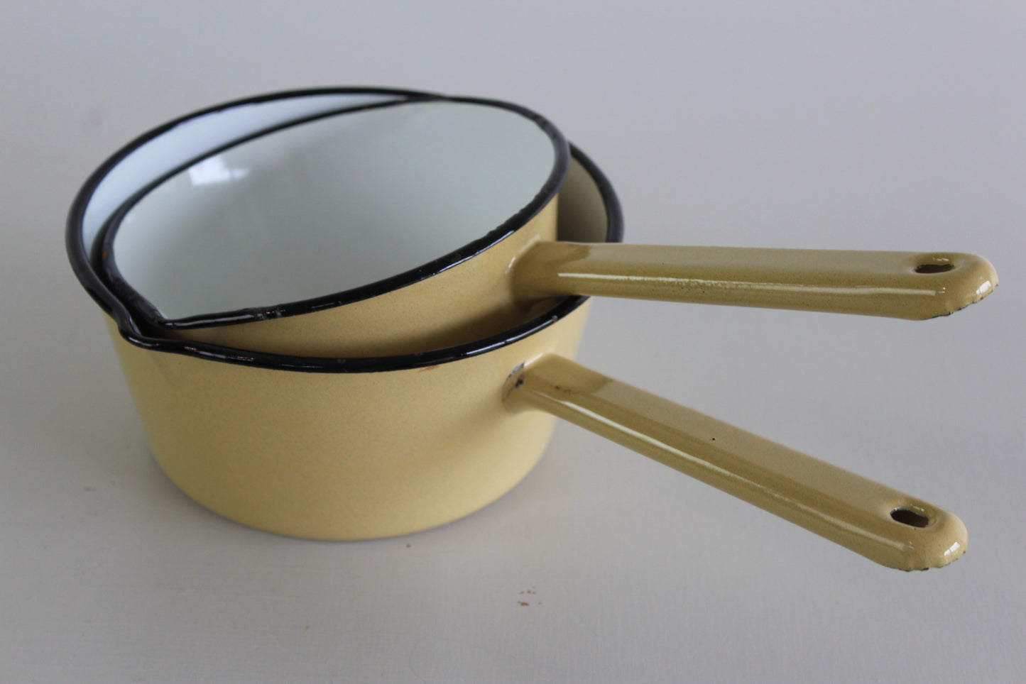 Pair Vintage Enamel Saucepans Milk Pans - Kernow Furniture