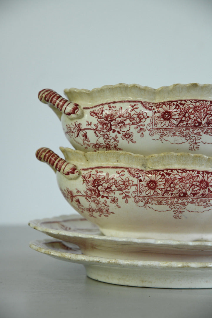 Pair Red Transferware Sauce Tureen - Kernow Furniture