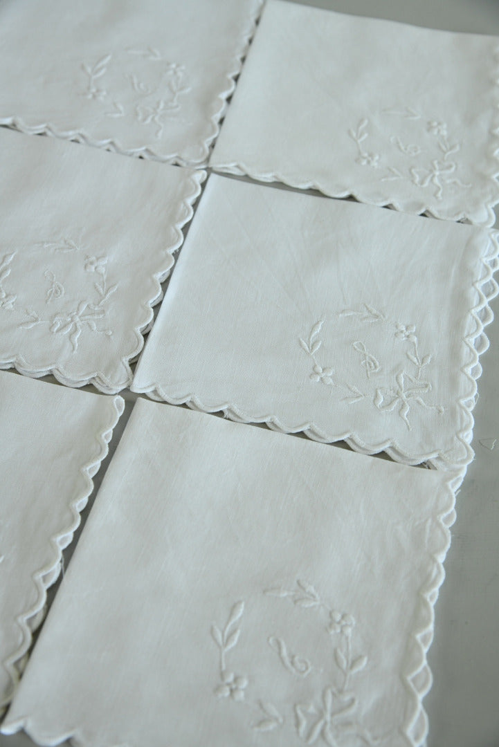 6 Vintage White Linen Napkins Treble Clef
