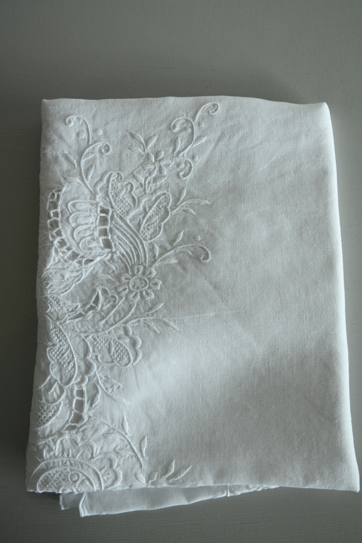 Vintage White Embroidered Tablecloth