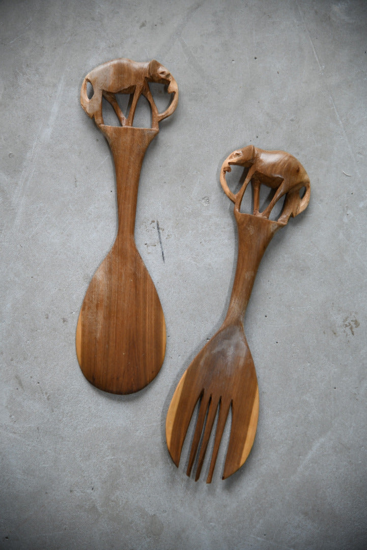 Pair Carved Wooden Elephant Salad Servers