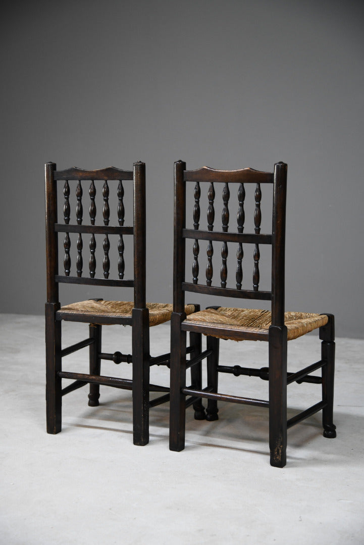 Pair Antique Oak & Rush Lancashire Chairs