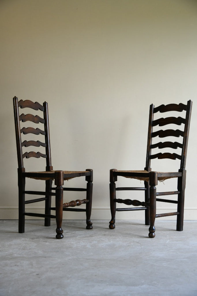 Pair Oak Country Style Ladderback Dining Chairs
