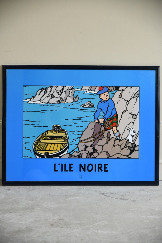 Vintage Framed Tintin Poster - L'ile Noire - Herge Moulinsart