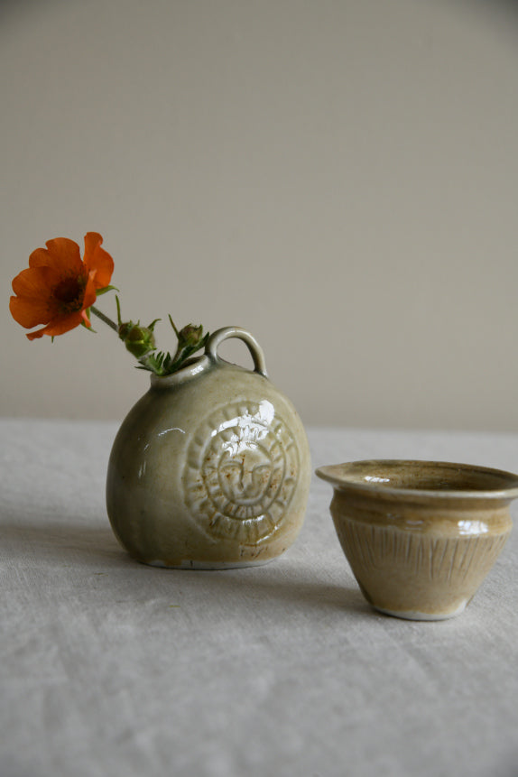 Small Green Pottery Green Bottle & Pot