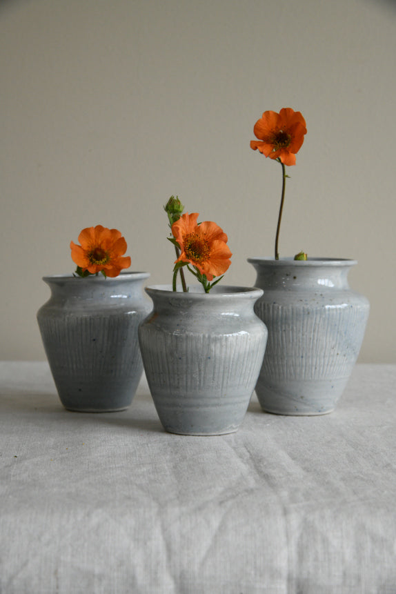 3 Vintage Blue Glazed Pots