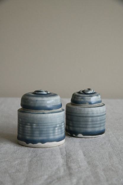 Pair Blue Glaze Lidded Pots