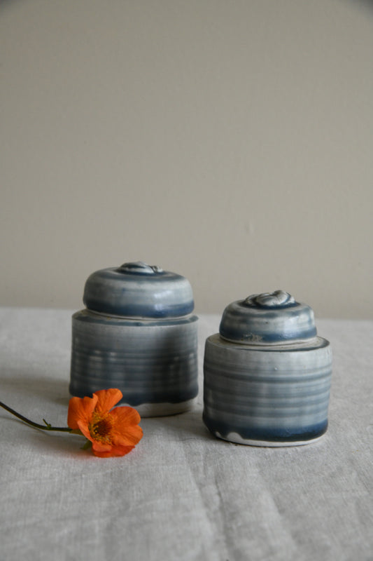 Pair Blue Glaze Lidded Pots